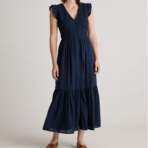 Quince Textured Cotton Smoked V-Neck MIDI Dress Blue Cottagecore Boho XS NWT
